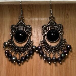 Black and Vintage Silver Chandelier Earrings